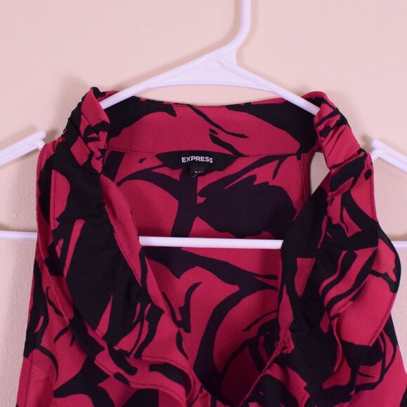 Express Women's Pink & Black Floral Ruffle Sleeveless Top Party Club Cocktail M - Picture 3 of 9